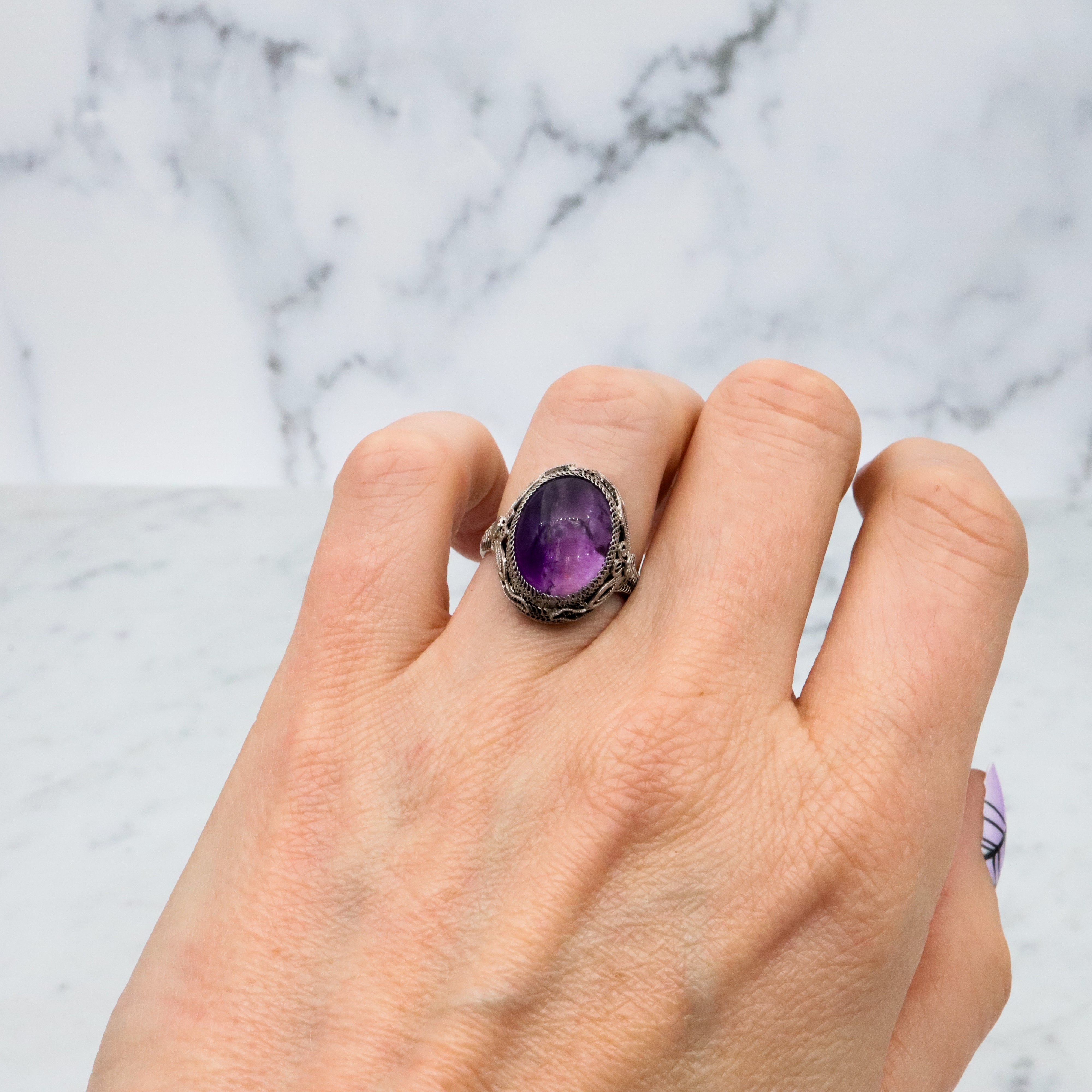 Antique Chinese silver filigree amethyst ring, size 7 adjustable